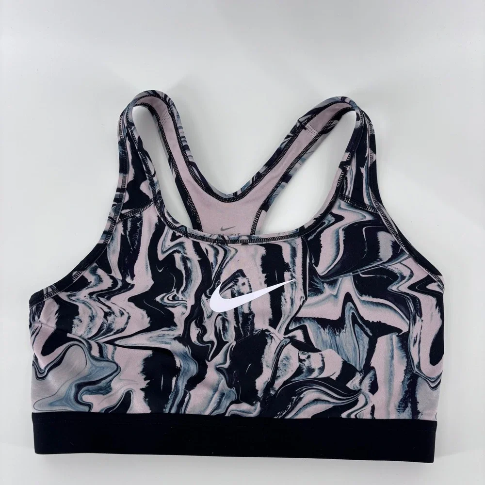 Nike Sports Bra Womens Medium Pink Black Marble Swirl Dri-FIT Racerback Gym